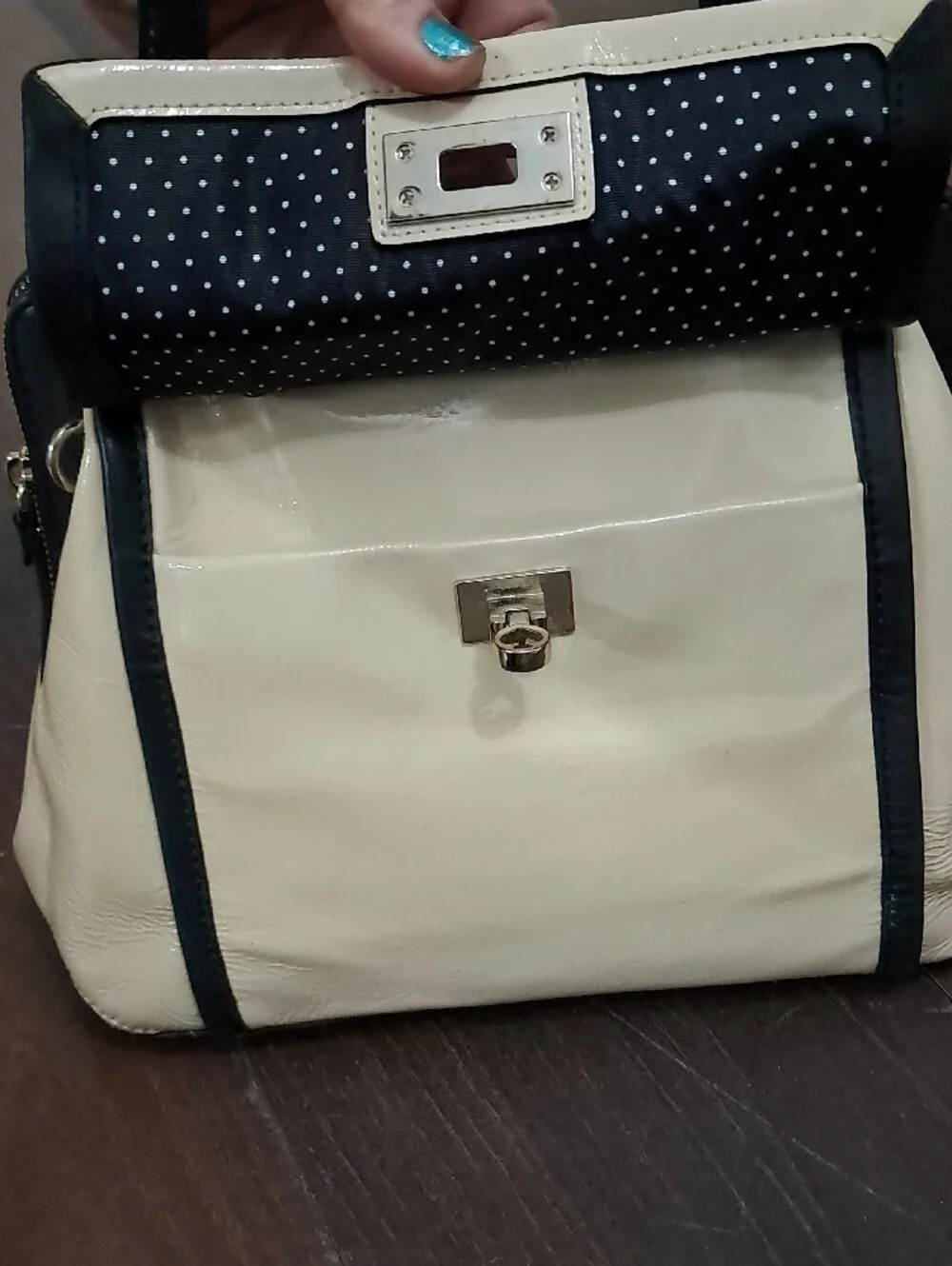 Cream and Black Structured Satchel Handbag